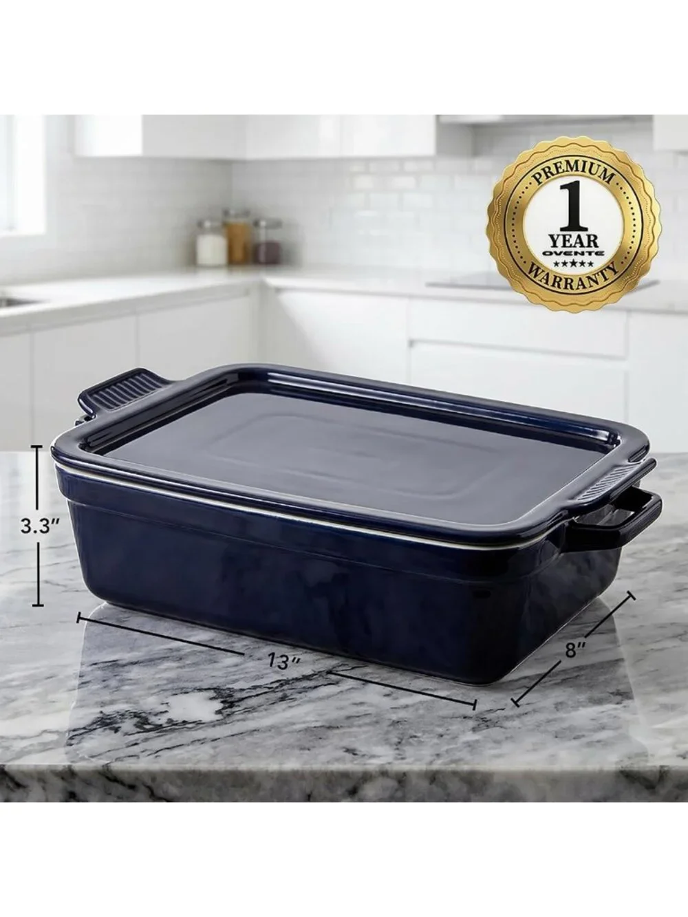 3 Qt Rectangular Ceramic Baking Dish with Lid - Stylish Blue Kitchen Essential